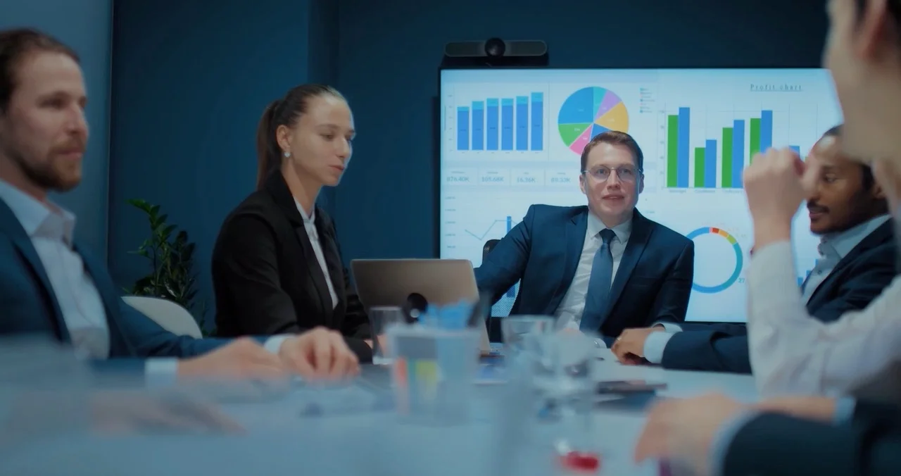 Modern executive boardroom, corporate headquarters glass facade time-lapse in slow motion